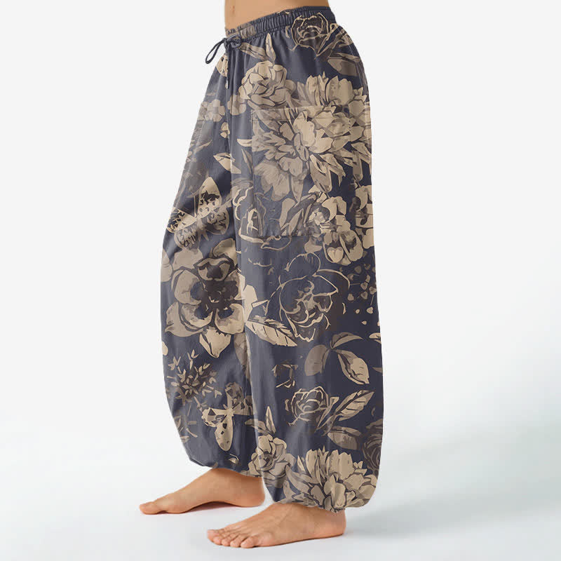 Buddha Stones Cotton Vintage Peony Chrysanthemum Floral Pattern Women's Elastic Waist Harem Pants With Side Pockets - image 1