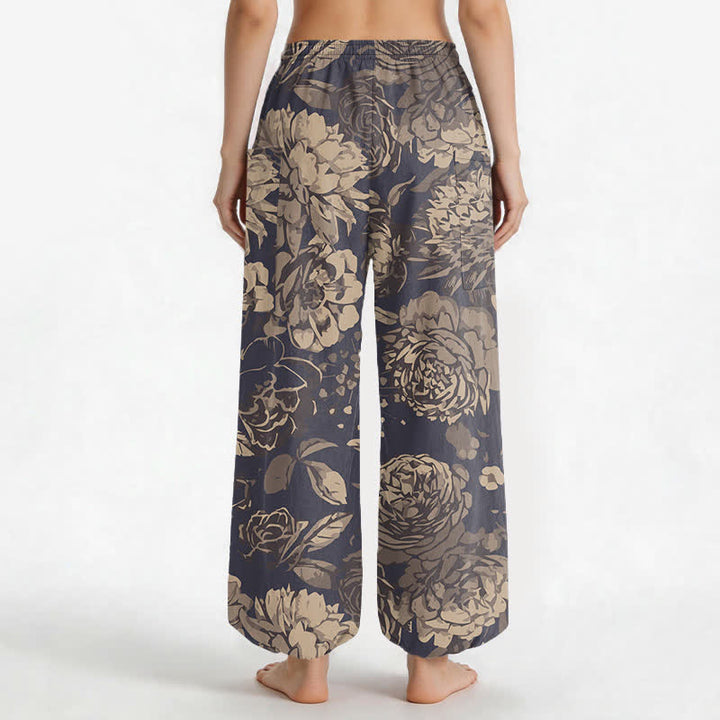 Buddha Stones Cotton Vintage Peony Chrysanthemum Floral Pattern Women's Elastic Waist Harem Pants With Side Pockets - image 2