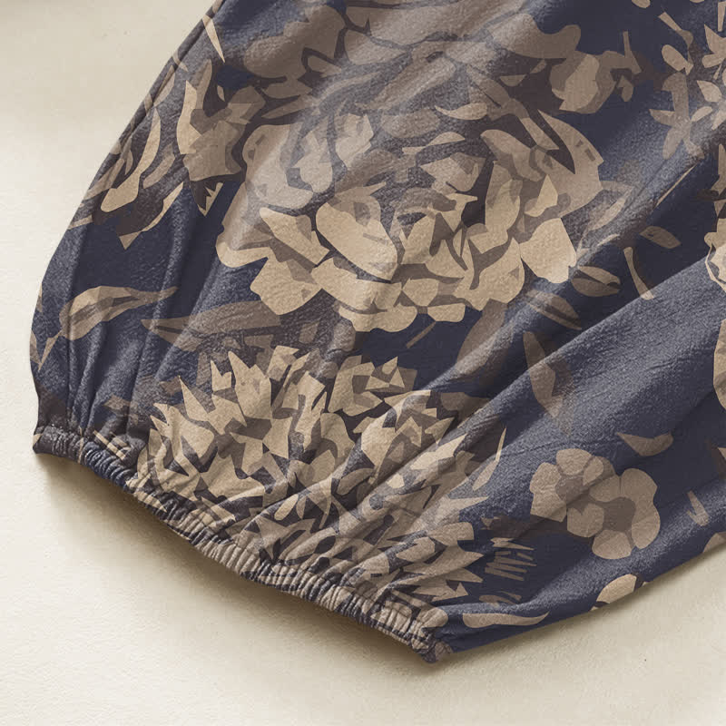 Buddha Stones Cotton Vintage Peony Chrysanthemum Floral Pattern Women's Elastic Waist Harem Pants With Side Pockets - image 6