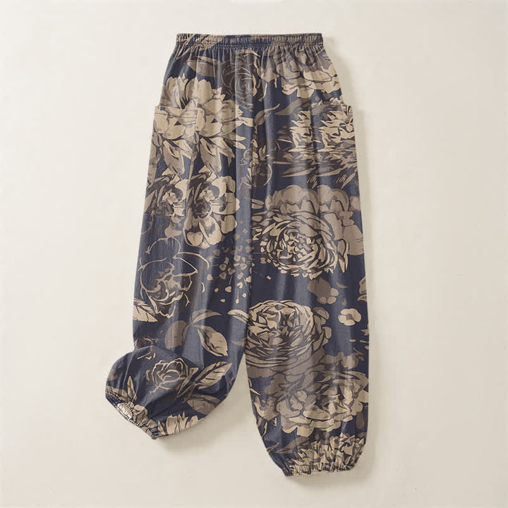 Buddha Stones Cotton Vintage Peony Chrysanthemum Floral Pattern Women's Elastic Waist Harem Pants With Side Pockets - image 4