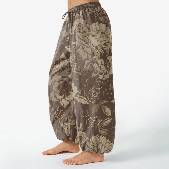Buddha Stones Cotton Vintage Peony Chrysanthemum Floral Pattern Women's Elastic Waist Harem Pants With Side Pockets - image 8