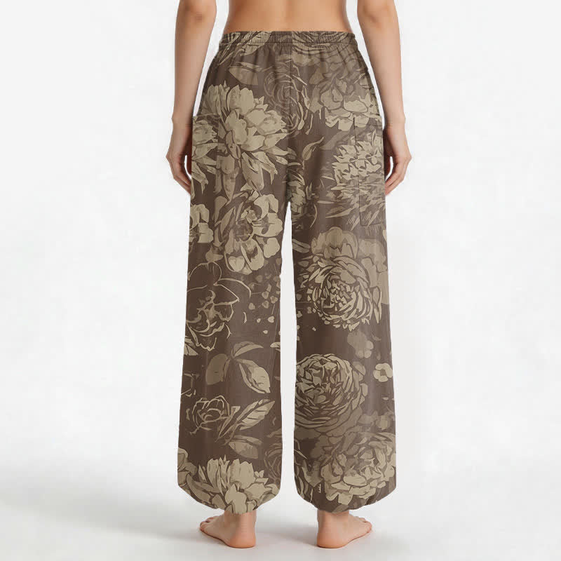 Buddha Stones Cotton Vintage Peony Chrysanthemum Floral Pattern Women's Elastic Waist Harem Pants With Side Pockets - image 9