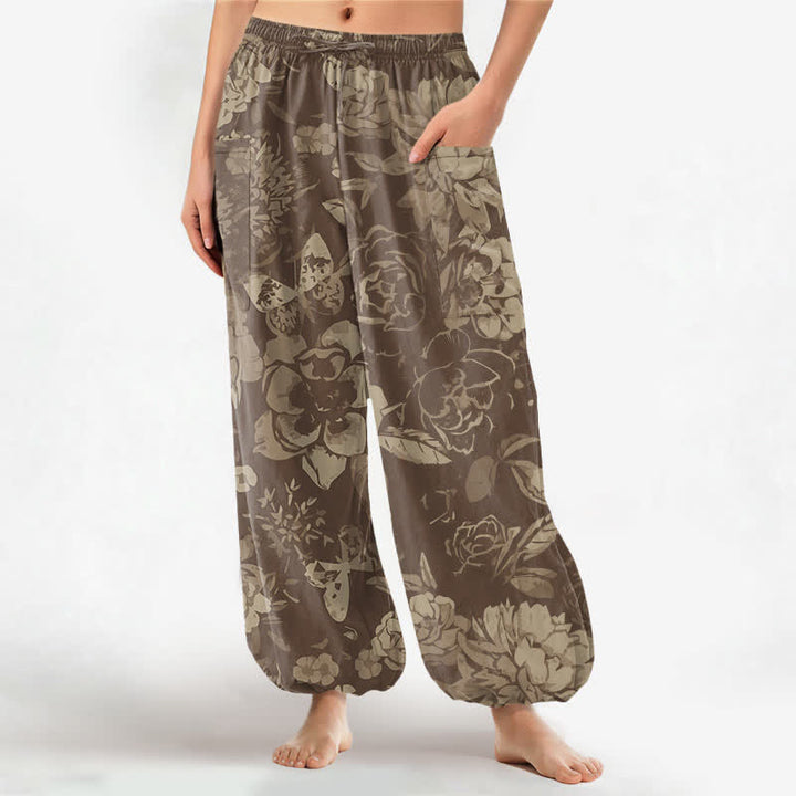 Buddha Stones Cotton Vintage Peony Chrysanthemum Floral Pattern Women's Elastic Waist Harem Pants With Side Pockets -  Tan - US16，UK/AU20，EU48 (3XL) - image 7