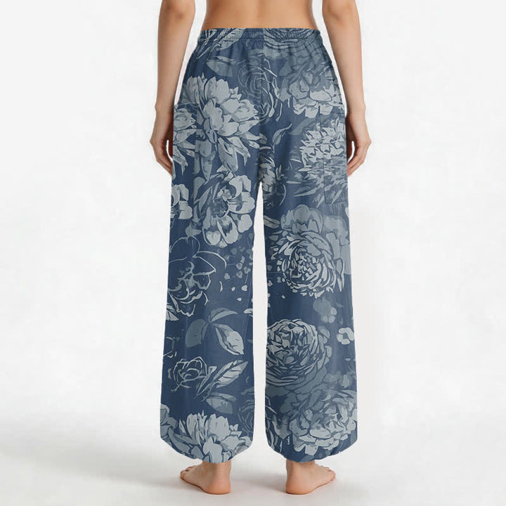 Buddha Stones Cotton Vintage Peony Chrysanthemum Floral Pattern Women's Elastic Waist Harem Pants With Side Pockets - image 12