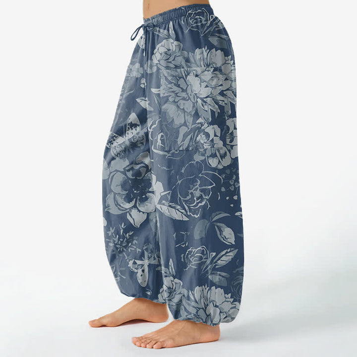 Buddha Stones Cotton Vintage Peony Chrysanthemum Floral Pattern Women's Elastic Waist Harem Pants With Side Pockets - image 11