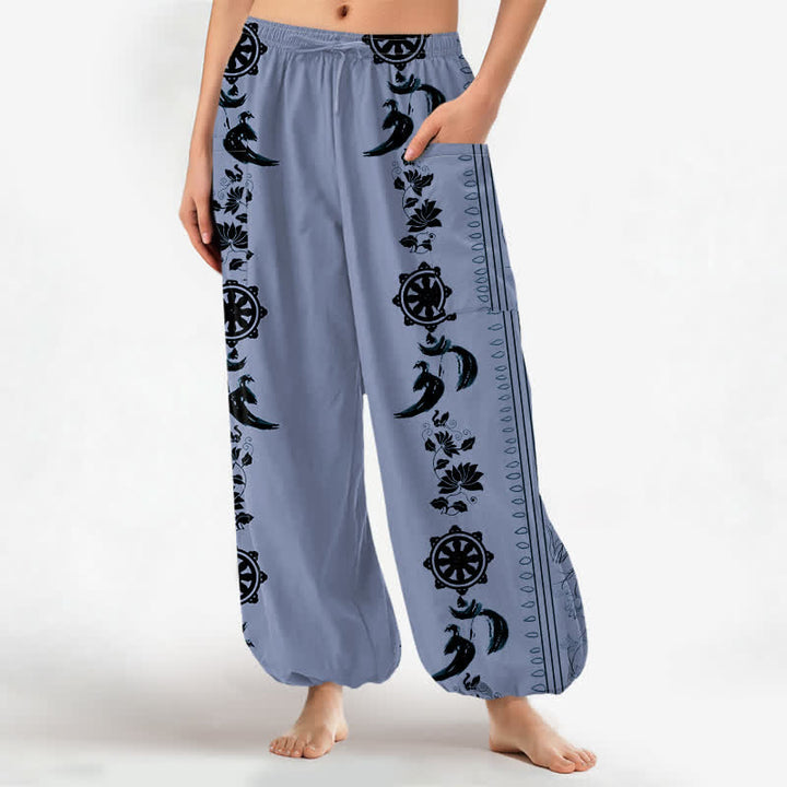 Buddha Stones Cotton Bohemian Dharma Wheel Lotus OM Stripe Pattern Women's Elastic Waist Harem Pants With Side Pockets - LightSteelBlue - US16，UK/AU20，EU48 (3XL) - image 0