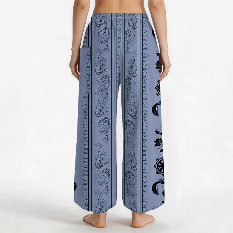 Buddha Stones Cotton Bohemian Dharma Wheel Lotus OM Stripe Pattern Women's Elastic Waist Harem Pants With Side Pockets - image 2