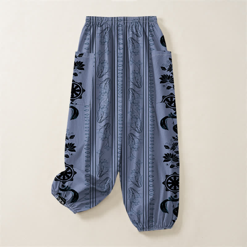 Buddha Stones Cotton Bohemian Dharma Wheel Lotus OM Stripe Pattern Women's Elastic Waist Harem Pants With Side Pockets - image 4