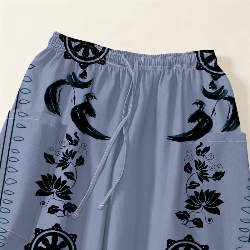 Buddha Stones Cotton Bohemian Dharma Wheel Lotus OM Stripe Pattern Women's Elastic Waist Harem Pants With Side Pockets - image 5