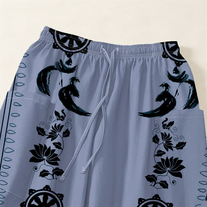 Buddha Stones Cotton Bohemian Dharma Wheel Lotus OM Stripe Pattern Women's Elastic Waist Harem Pants With Side Pockets - image 5