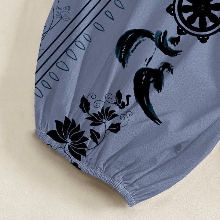 Buddha Stones Cotton Bohemian Dharma Wheel Lotus OM Stripe Pattern Women's Elastic Waist Harem Pants With Side Pockets - image 6
