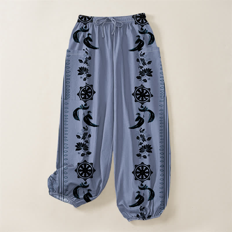 Buddha Stones Cotton Bohemian Dharma Wheel Lotus OM Stripe Pattern Women's Elastic Waist Harem Pants With Side Pockets - image 3