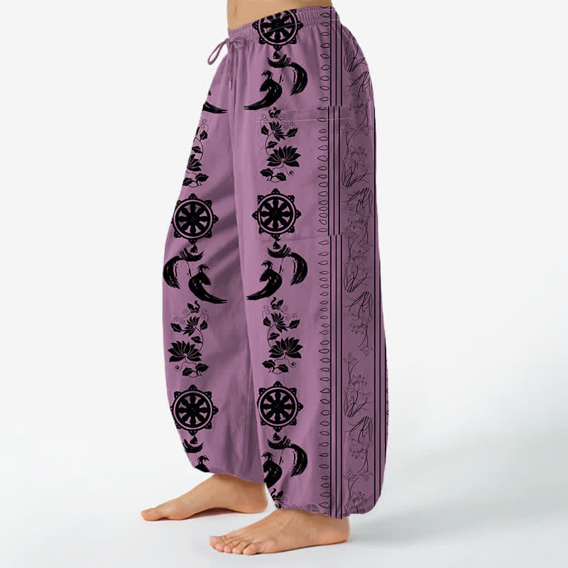 Buddha Stones Cotton Bohemian Dharma Wheel Lotus OM Stripe Pattern Women's Elastic Waist Harem Pants With Side Pockets - image 8