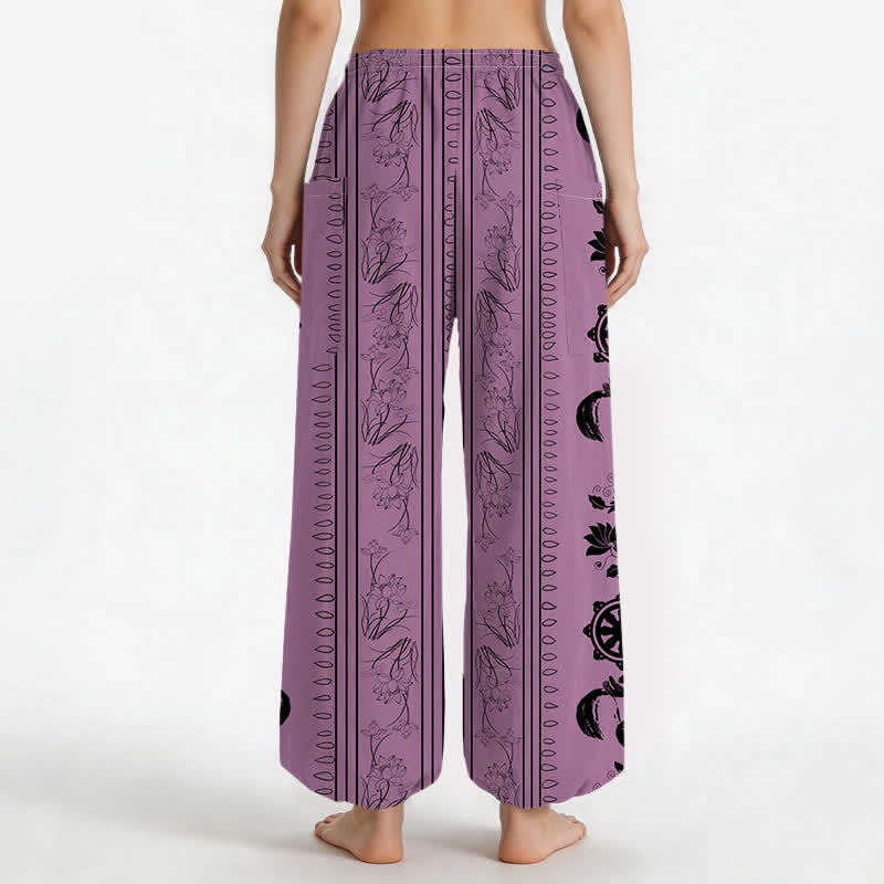 Buddha Stones Cotton Bohemian Dharma Wheel Lotus OM Stripe Pattern Women's Elastic Waist Harem Pants With Side Pockets - image 9