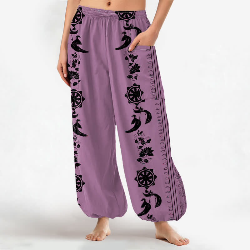 Buddha Stones Cotton Bohemian Dharma Wheel Lotus OM Stripe Pattern Women's Elastic Waist Harem Pants With Side Pockets - Plum - US16，UK/AU20，EU48 (3XL) - image 7