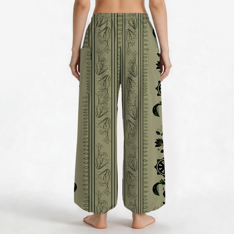 Buddha Stones Cotton Bohemian Dharma Wheel Lotus OM Stripe Pattern Women's Elastic Waist Harem Pants With Side Pockets - image 12