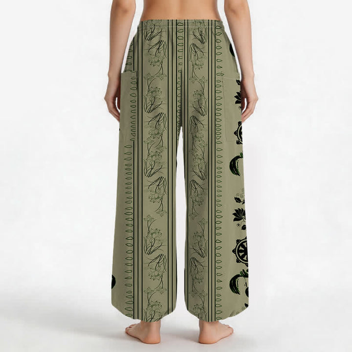 Buddha Stones Cotton Bohemian Dharma Wheel Lotus OM Stripe Pattern Women's Elastic Waist Harem Pants With Side Pockets - image 12