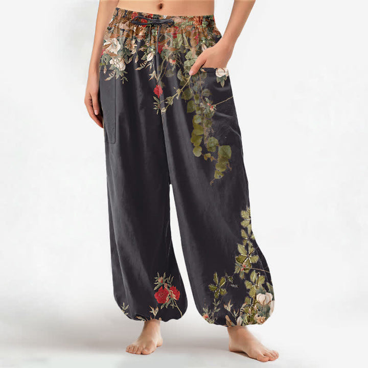 Buddha Stones Cotton Vintage Red Peony Flower Vine Pattern Women's Elastic Waist Harem Pants With Side Pockets - Black - US16，UK/AU20，EU48 (3XL) - image 0