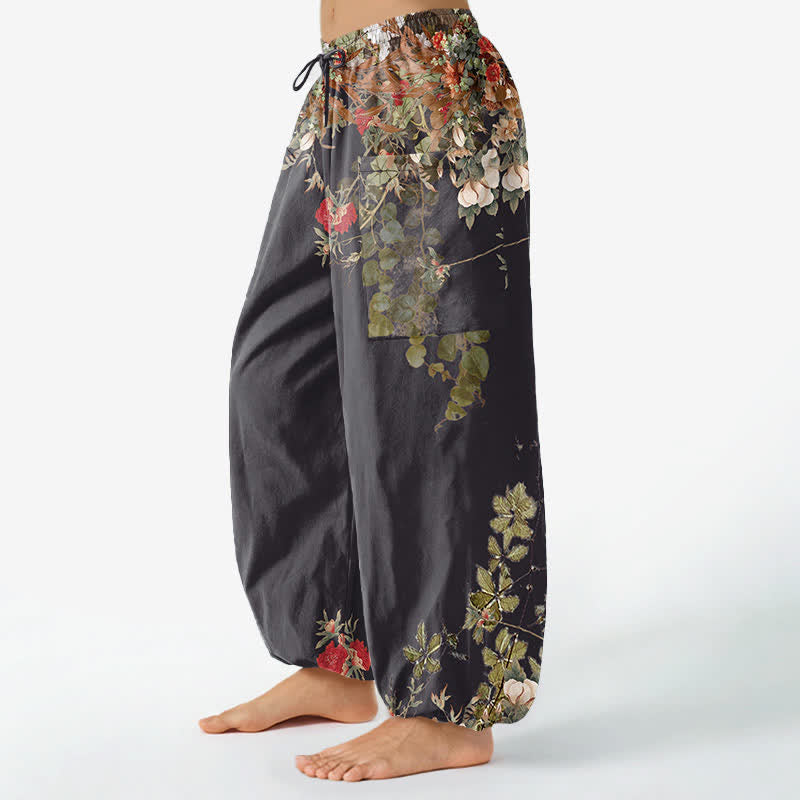 Buddha Stones Cotton Vintage Red Peony Flower Vine Pattern Women's Elastic Waist Harem Pants With Side Pockets - image 1