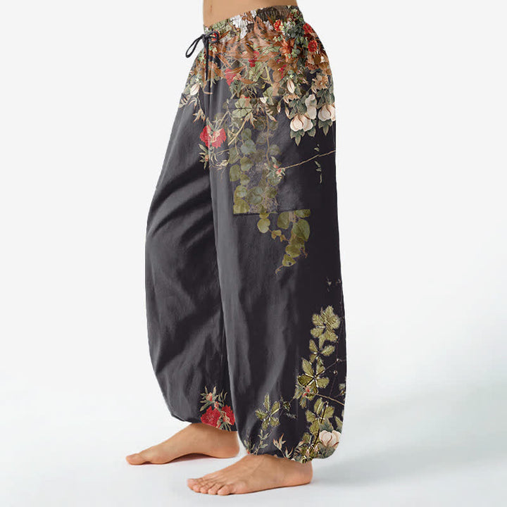 Buddha Stones Cotton Vintage Red Peony Flower Vine Pattern Women's Elastic Waist Harem Pants With Side Pockets - image 1
