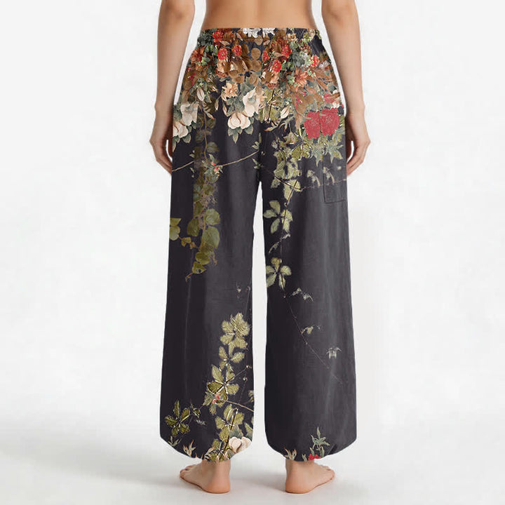 Buddha Stones Cotton Vintage Red Peony Flower Vine Pattern Women's Elastic Waist Harem Pants With Side Pockets - image 2