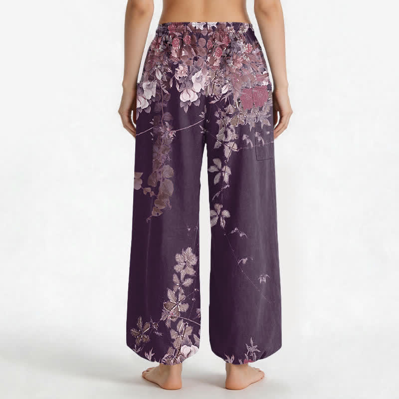 Buddha Stones Cotton Vintage Red Peony Flower Vine Pattern Women's Elastic Waist Harem Pants With Side Pockets - image 10