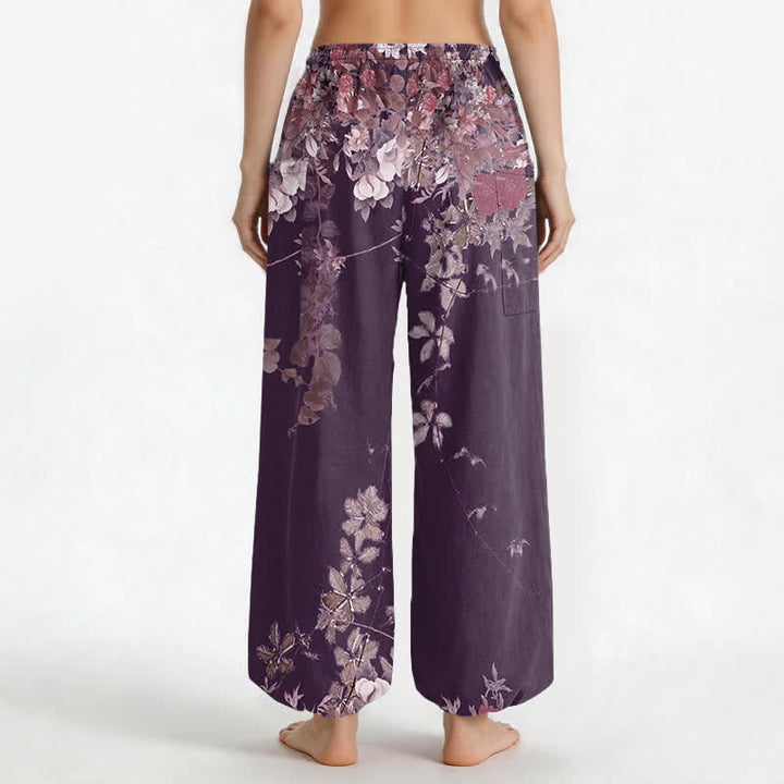 Buddha Stones Cotton Vintage Red Peony Flower Vine Pattern Women's Elastic Waist Harem Pants With Side Pockets - image 10