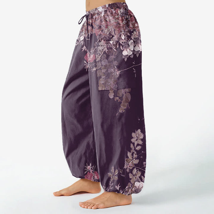 Buddha Stones Cotton Vintage Red Peony Flower Vine Pattern Women's Elastic Waist Harem Pants With Side Pockets - image 9