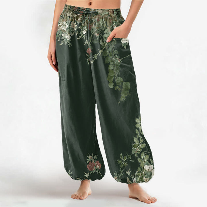 Buddha Stones Cotton Vintage Red Peony Flower Vine Pattern Women's Elastic Waist Harem Pants With Side Pockets - ForestGreen - US16，UK/AU20，EU48 (3XL) - image 11