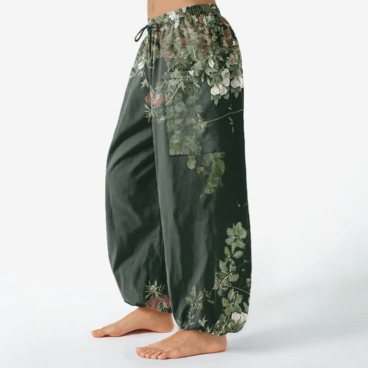 Buddha Stones Cotton Vintage Red Peony Flower Vine Pattern Women's Elastic Waist Harem Pants With Side Pockets - image 12
