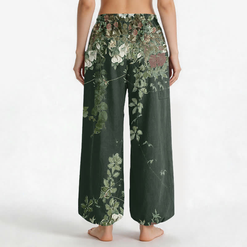 Buddha Stones Cotton Vintage Red Peony Flower Vine Pattern Women's Elastic Waist Harem Pants With Side Pockets - image 13