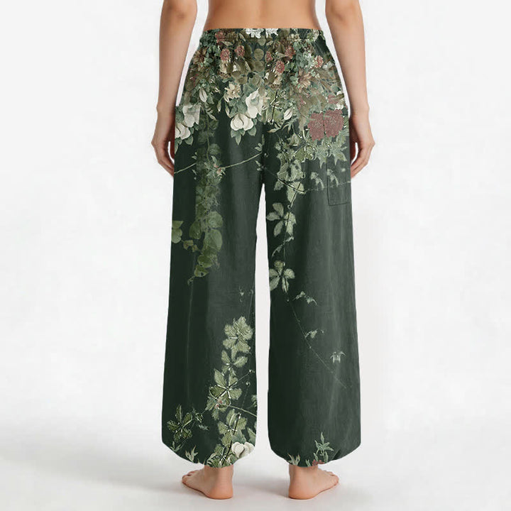 Buddha Stones Cotton Vintage Red Peony Flower Vine Pattern Women's Elastic Waist Harem Pants With Side Pockets - image 13