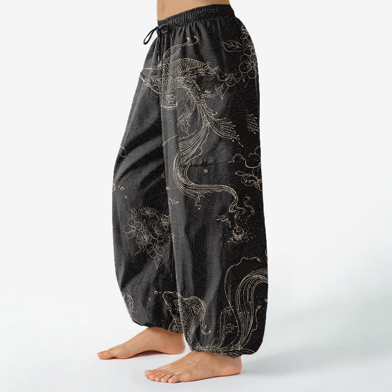 Buddha Stones Cotton Koi Fish Floral Pattern Women's Elastic Waist Harem Pants With Side Pockets - image 1
