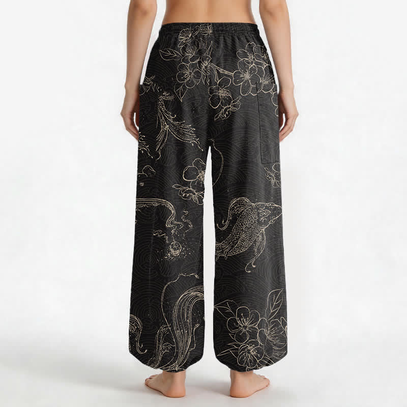 Buddha Stones Cotton Koi Fish Floral Pattern Women's Elastic Waist Harem Pants With Side Pockets - image 2