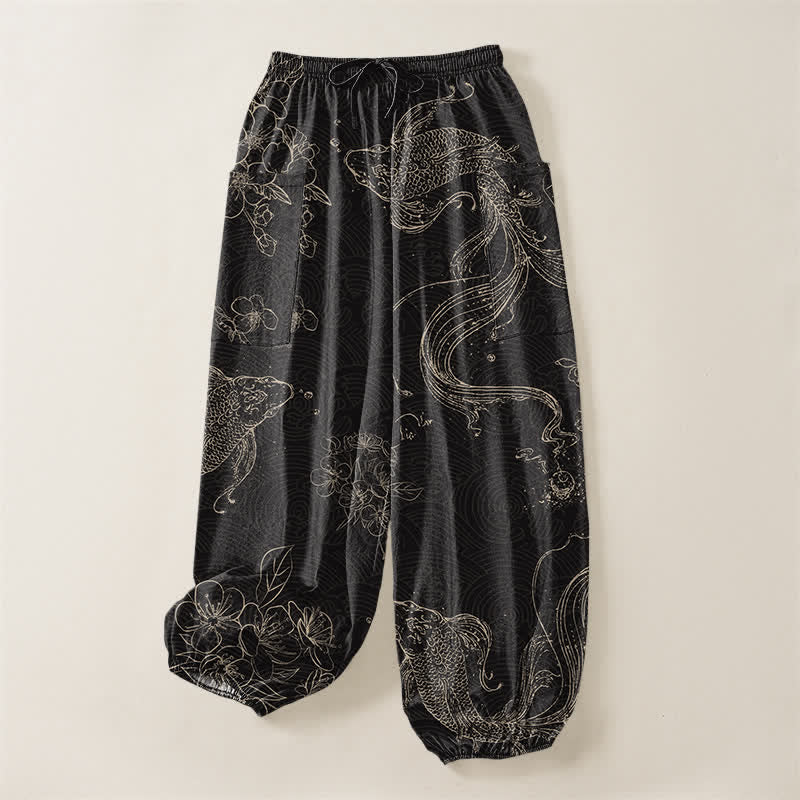 Buddha Stones Cotton Koi Fish Floral Pattern Women's Elastic Waist Harem Pants With Side Pockets - image 3