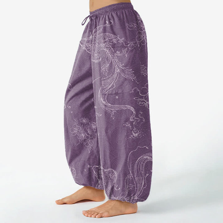 Buddha Stones Cotton Koi Fish Floral Pattern Women's Elastic Waist Harem Pants With Side Pockets - image 8