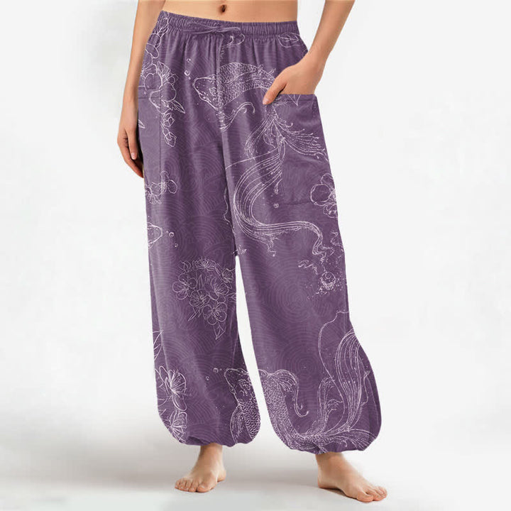 Buddha Stones Cotton Koi Fish Floral Pattern Women's Elastic Waist Harem Pants With Side Pockets - Plum - US16，UK/AU20，EU48 (3XL) - image 7