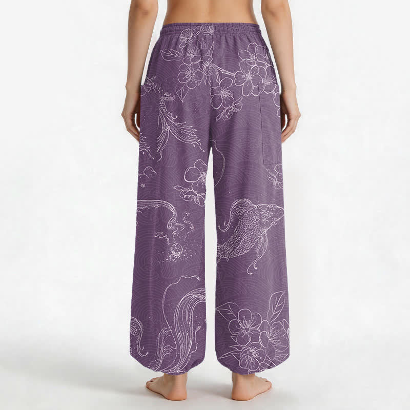 Buddha Stones Cotton Koi Fish Floral Pattern Women's Elastic Waist Harem Pants With Side Pockets - image 9