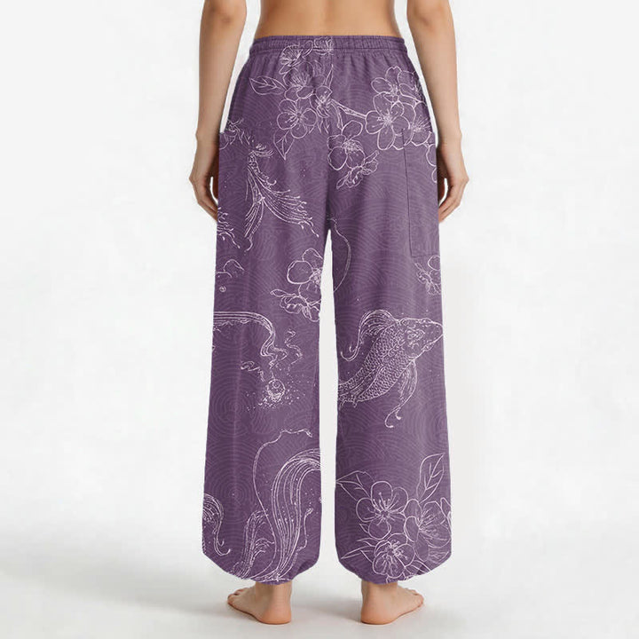 Buddha Stones Cotton Koi Fish Floral Pattern Women's Elastic Waist Harem Pants With Side Pockets - image 9