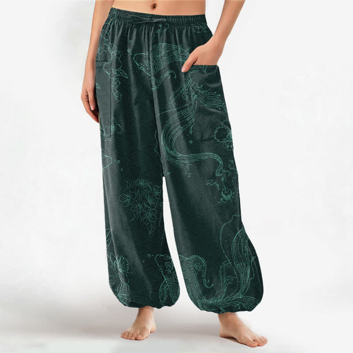 Buddha Stones Cotton Koi Fish Floral Pattern Women's Elastic Waist Harem Pants With Side Pockets - Teal - US16，UK/AU20，EU48 (3XL) - image 10