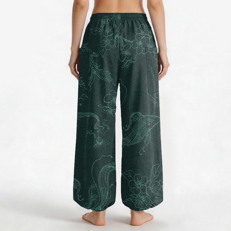 Buddha Stones Cotton Koi Fish Floral Pattern Women's Elastic Waist Harem Pants With Side Pockets - image 12