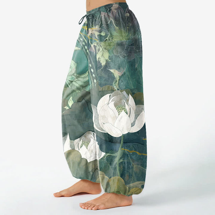 Buddha Stones Cotton White Lotus Leaf Pattern Women's Elastic Waist Harem Pants With Side Pockets - image 1