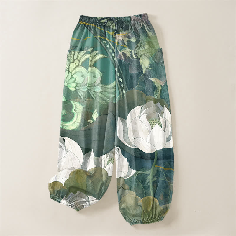 Buddha Stones Cotton White Lotus Leaf Pattern Women's Elastic Waist Harem Pants With Side Pockets - image 3