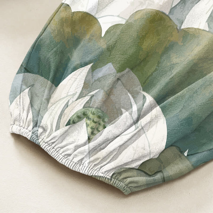 Buddha Stones Cotton White Lotus Leaf Pattern Women's Elastic Waist Harem Pants With Side Pockets - image 6