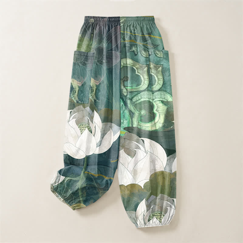 Buddha Stones Cotton White Lotus Leaf Pattern Women's Elastic Waist Harem Pants With Side Pockets - image 4
