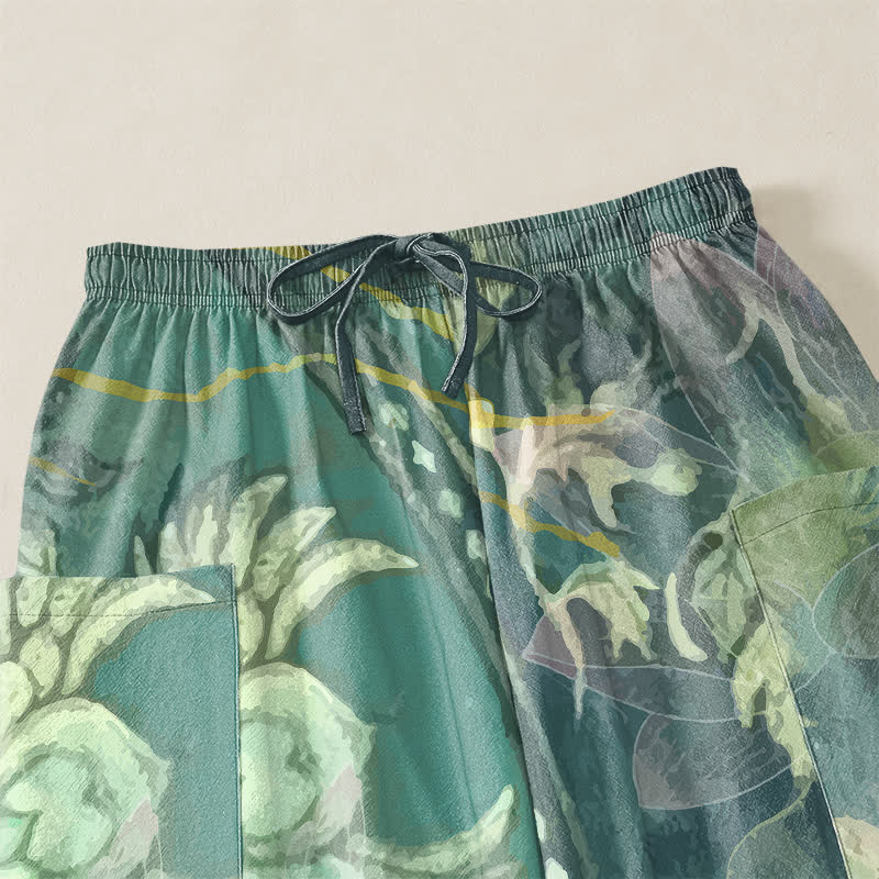 Buddha Stones Cotton White Lotus Leaf Pattern Women's Elastic Waist Harem Pants With Side Pockets - image 5