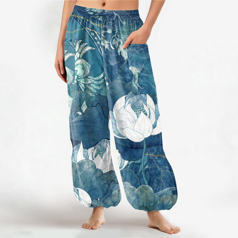 Buddha Stones Cotton White Lotus Leaf Pattern Women's Elastic Waist Harem Pants With Side Pockets - LightBlue - US16，UK/AU20，EU48 (3XL) - image 7