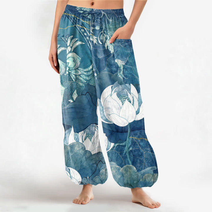 Buddha Stones Cotton White Lotus Leaf Pattern Women's Elastic Waist Harem Pants With Side Pockets - LightBlue - US16，UK/AU20，EU48 (3XL) - image 7