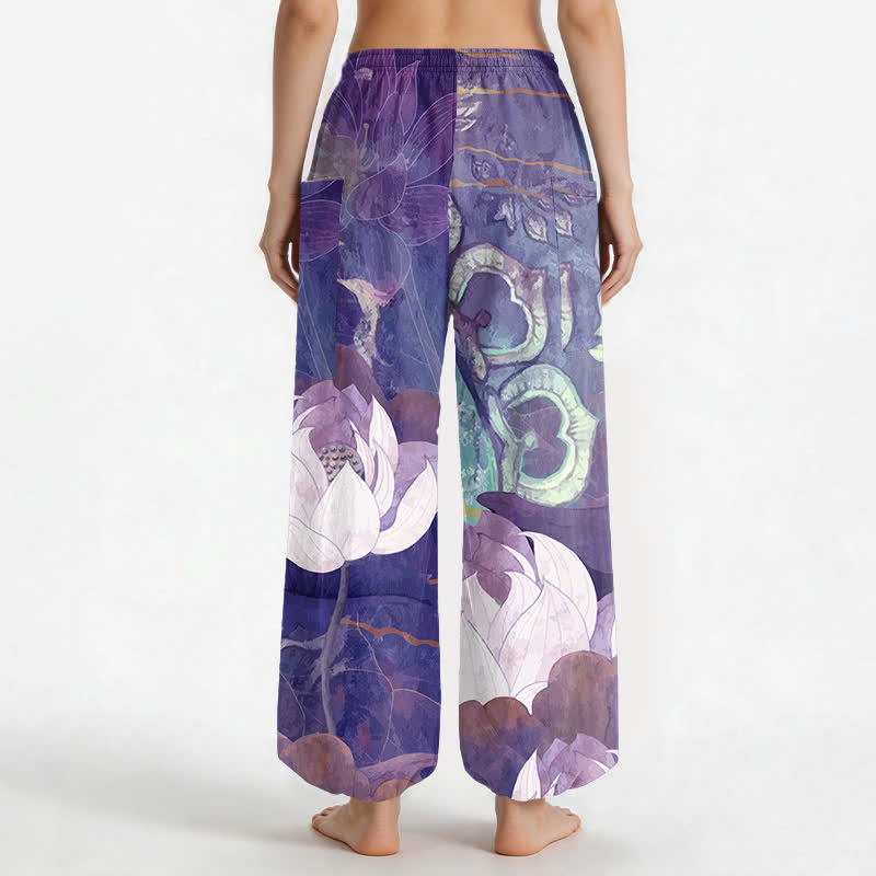 Buddha Stones Cotton White Lotus Leaf Pattern Women's Elastic Waist Harem Pants With Side Pockets - image 12