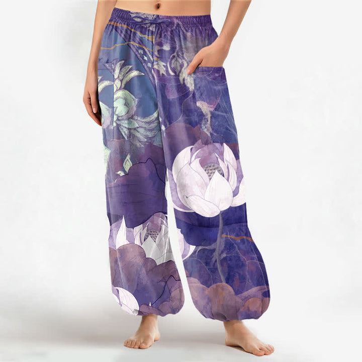 Buddha Stones Cotton White Lotus Leaf Pattern Women's Elastic Waist Harem Pants With Side Pockets - MediumPurple - US16，UK/AU20，EU48 (3XL) - image 10